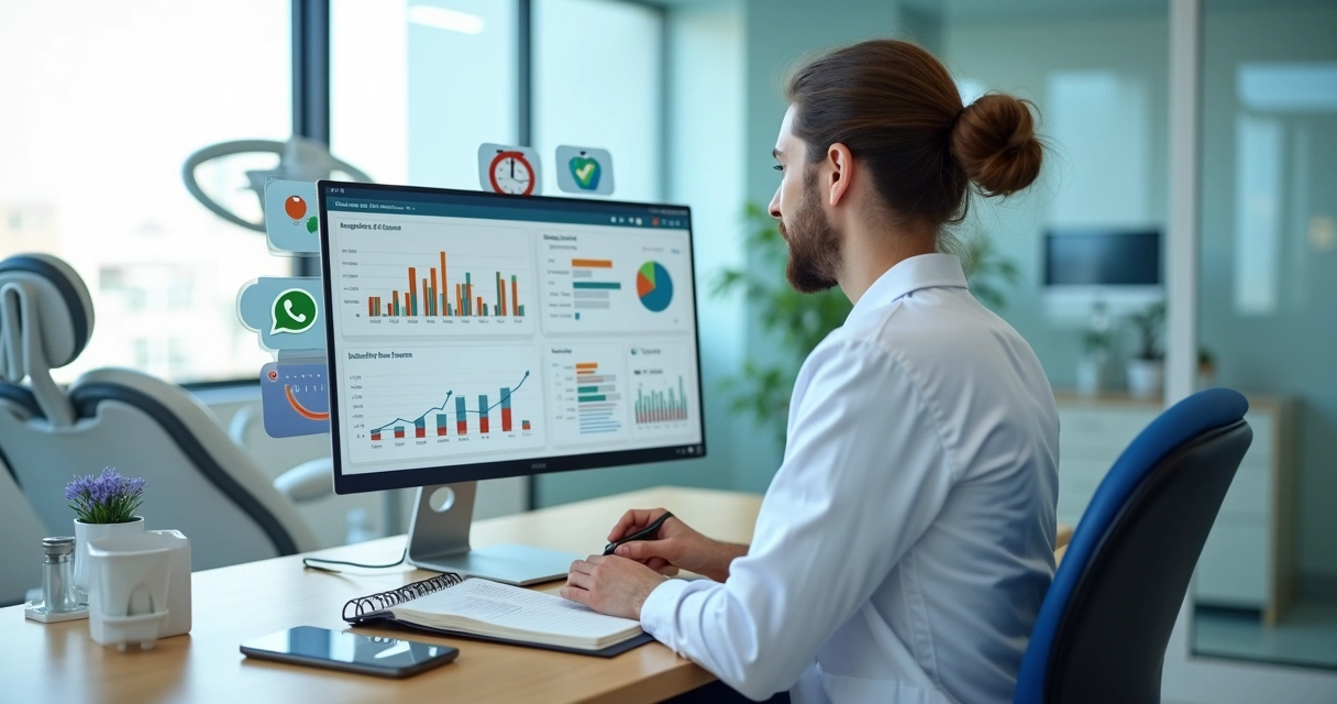 Dentista analisando gráficos de crescimento em clínica odontológica moderna 