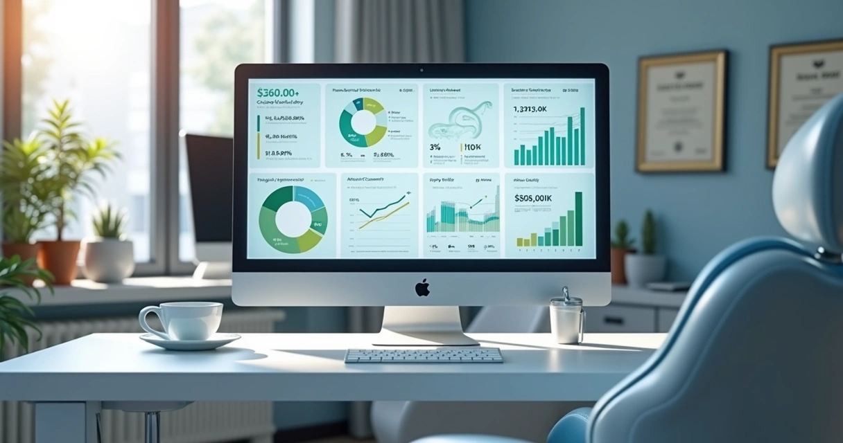 Dashboard digital com indicadores de desempenho para clínica odontológica exibidos em tela moderna de computador 