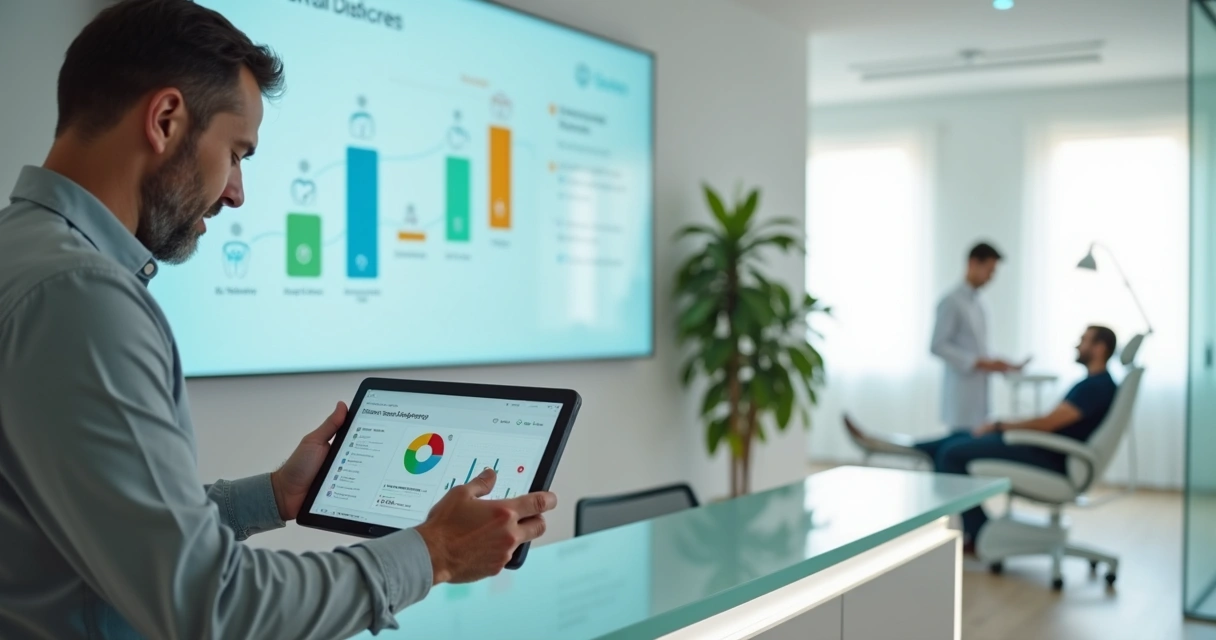 Gestor de clínica odontológica analisando fluxo de pacientes em painel digital 