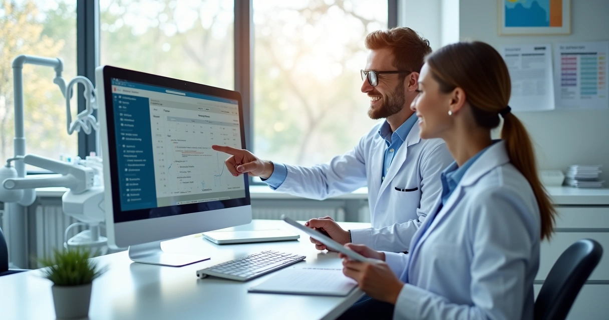 Profissionais de clínica odontológica utilizando sistema digital financeiro em computador moderno 