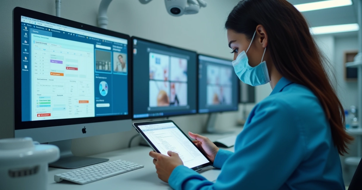 Consultório odontológico moderno com equipe usando tablets e computador para agendamento digital 