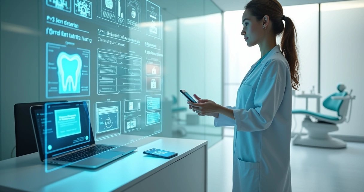 Odontóloga em sala futurista organiza clínica digital em painel holográfico 