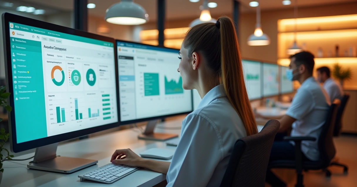 Sala de clínica odontológica equipada com computadores e telas mostrando softwares 