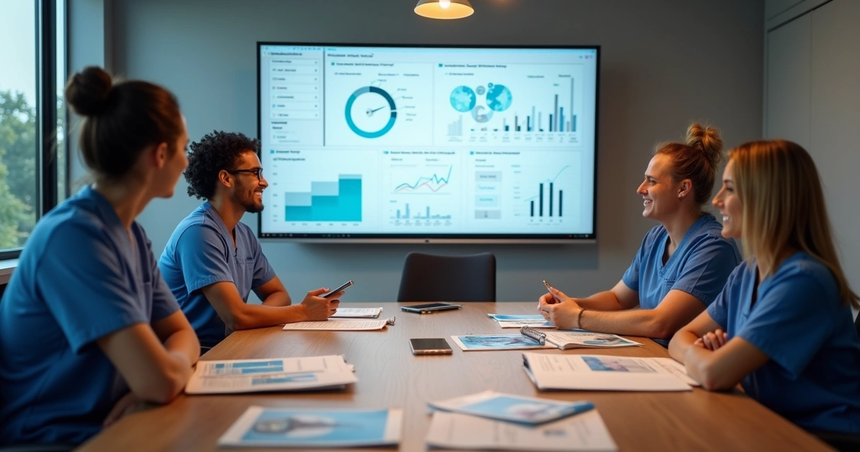 Equipe de clínica odontológica reunida analisando relatório digital 