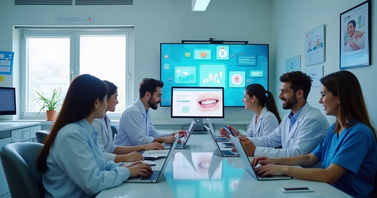 Equipe odontológica reunida em consultório moderno, cercada por telas mostrando gráficos e mensagens digitais 