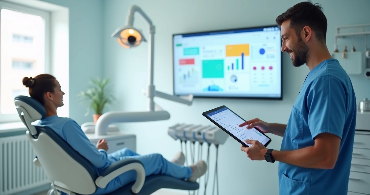 Dentista usando software odontológico em tablet com paciente na cadeira e tela mostrando agenda digital 