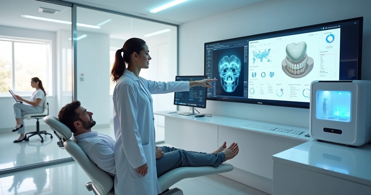 Dentista mostrando tratamento digital a paciente em clínica odontológica moderna 