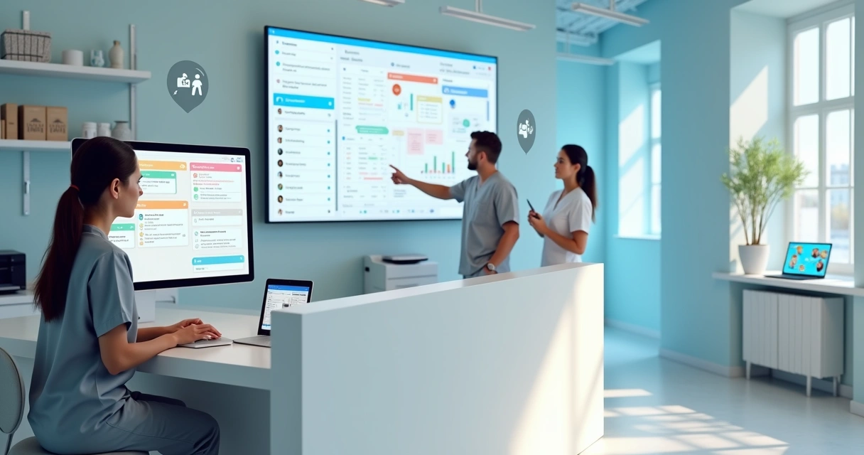 Equipe de clínica odontológica usando ferramentas digitais em telas para organizar atendimentos 