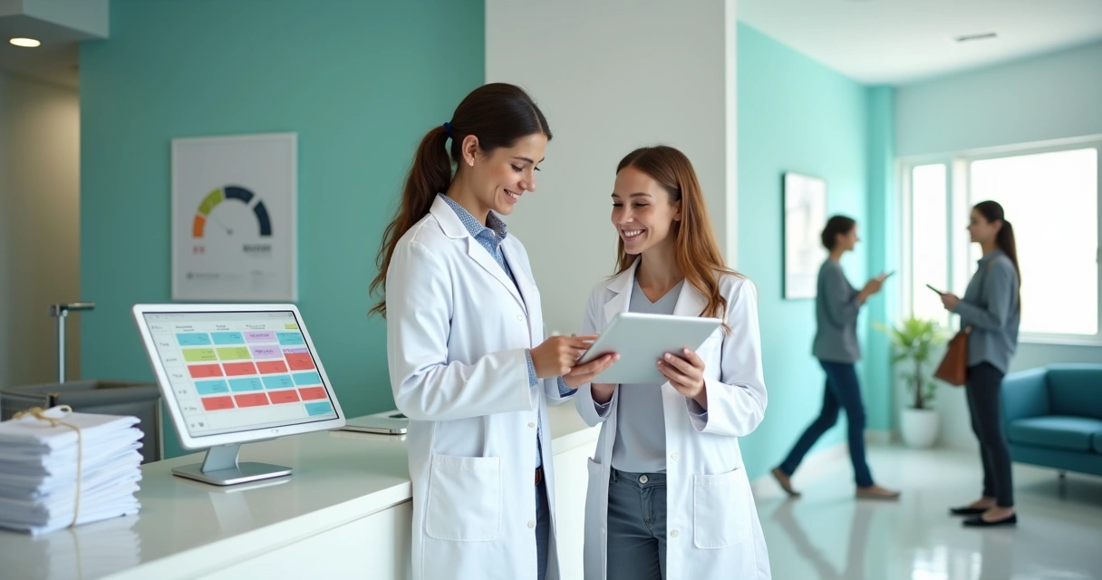 Equipe de clínica odontológica usando tablet para organizar agenda digital 