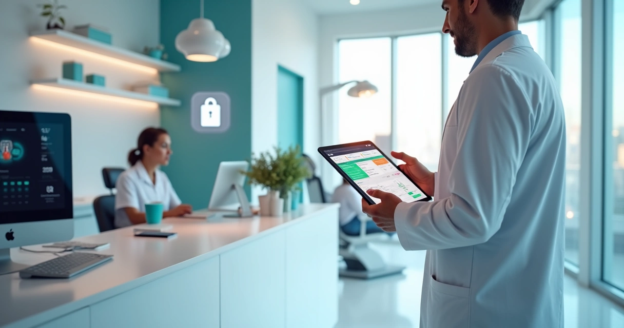 Dentista usando tablet para gestão digital da clínica odontológica 