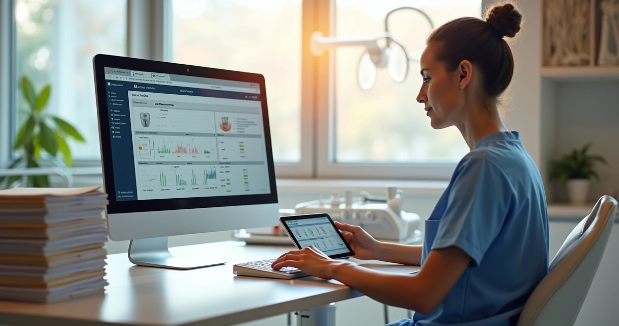 Profissional de odontologia utilizando software para digitalizar prontuários em clínica moderna com computador e tablet