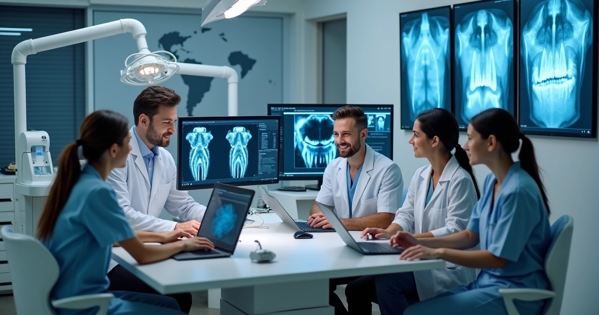 Equipe de dentistas em clínica digitalizada analisando dados em computadores 