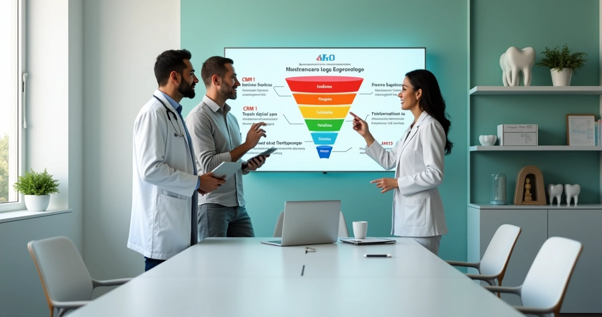 Equipe comercial e dentista alinhando funil de vendas em clínica odontológica 