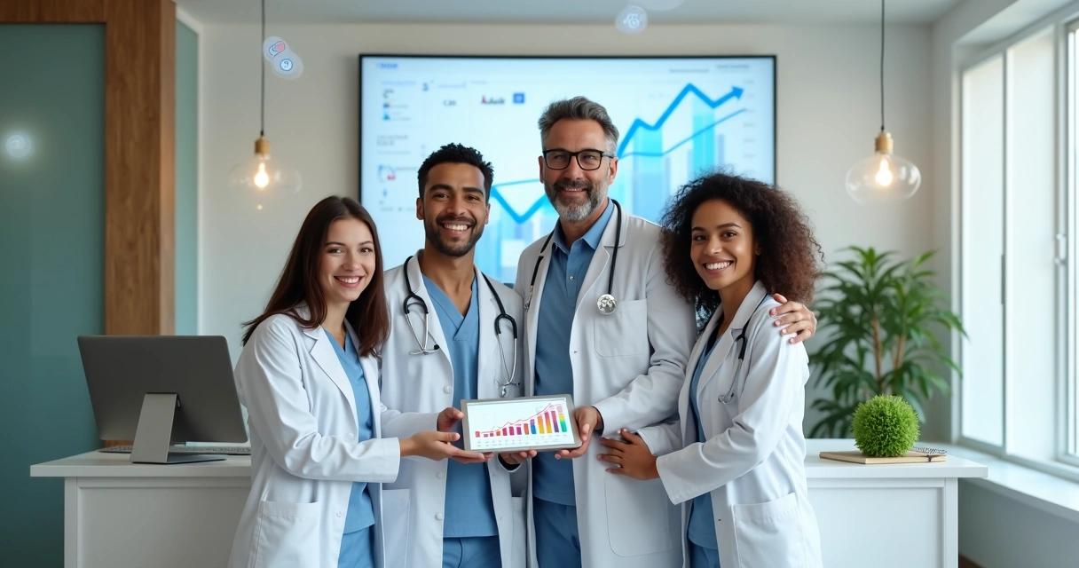 Equipe de clínica odontológica comemorando resultados em consultório moderno 