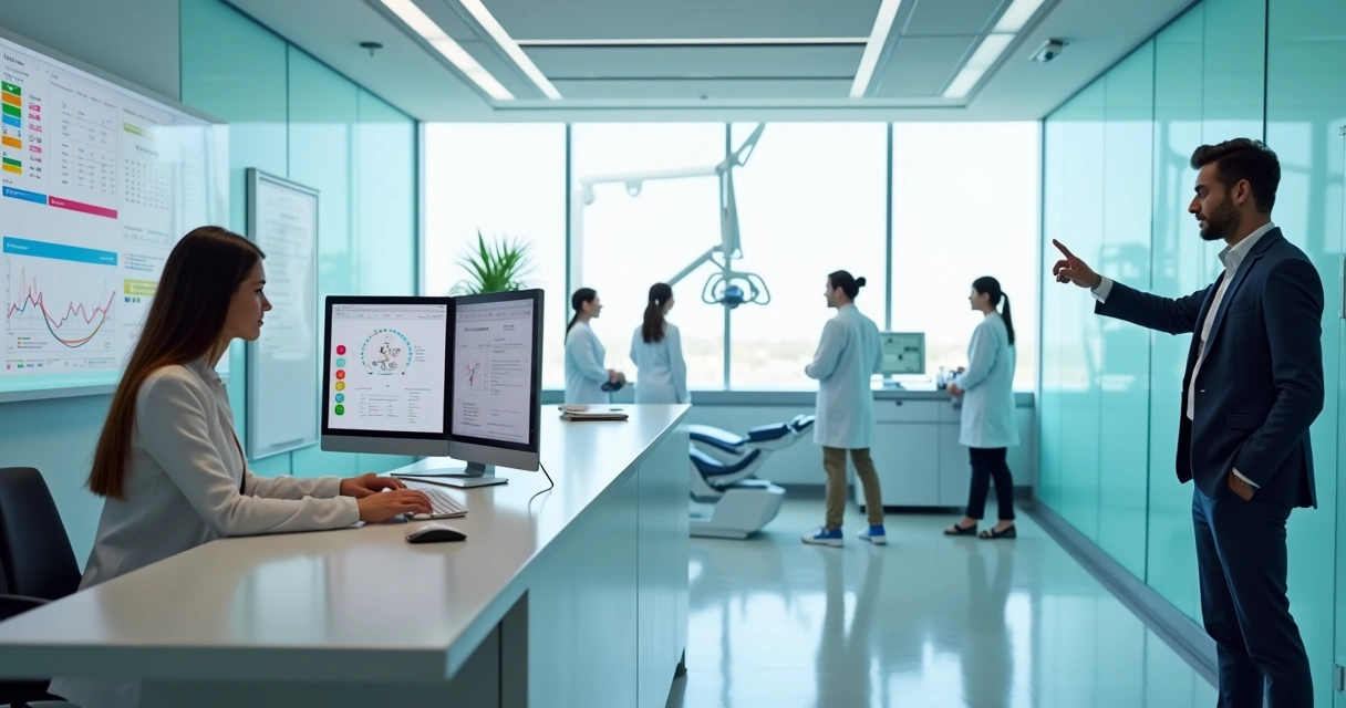 Equipe de clínica odontológica analisando painéis de dados e agenda digital 