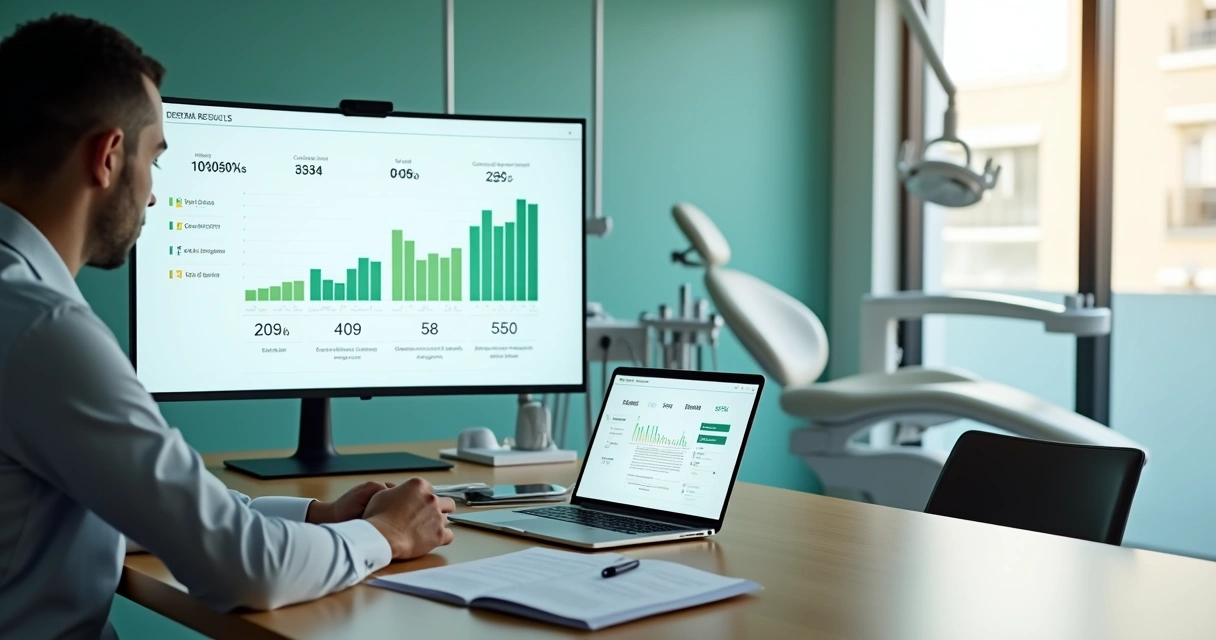 Gestor de clínica odontológica analisando opções de agências de marketing em painel digital 