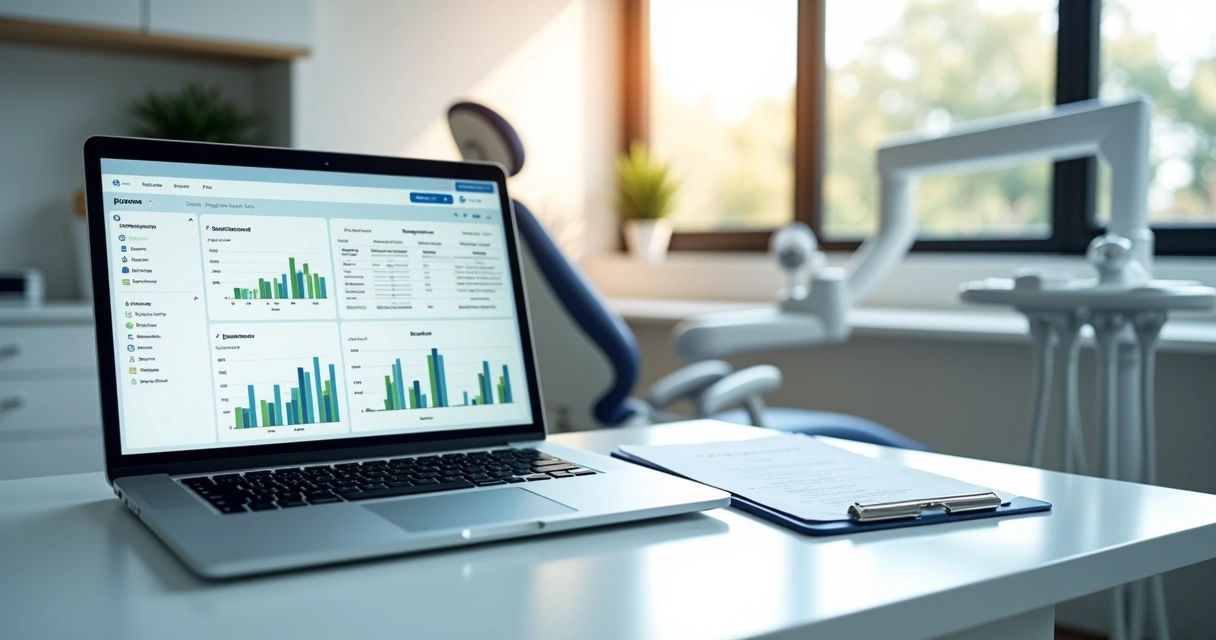 Computador com sistema de gestão odontológica aberto mostrando faturamento e gráficos financeiros 