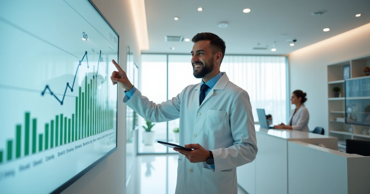 Dentista mostrando gráfico de crescimento de faturamento em clínica odontológica moderna 
