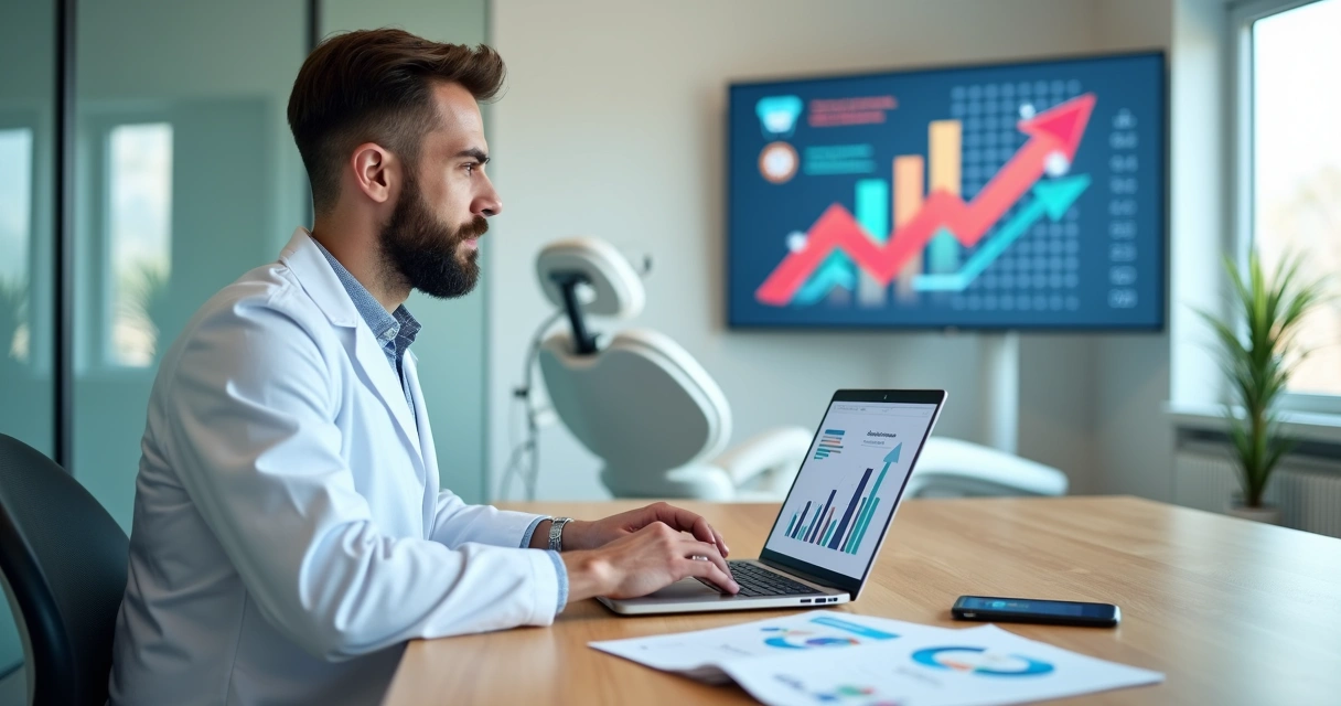 Dentista em reunião analisando gráficos de crescimento do faturamento da clínica 