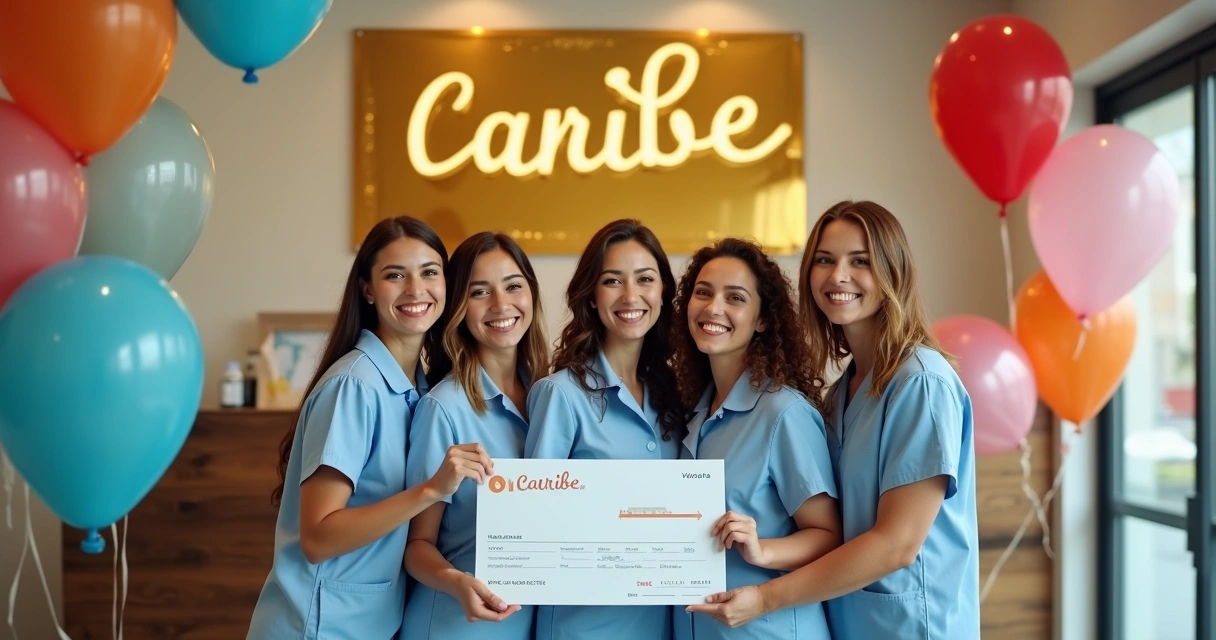 Equipe de clínica odontológica celebrando um prêmio 