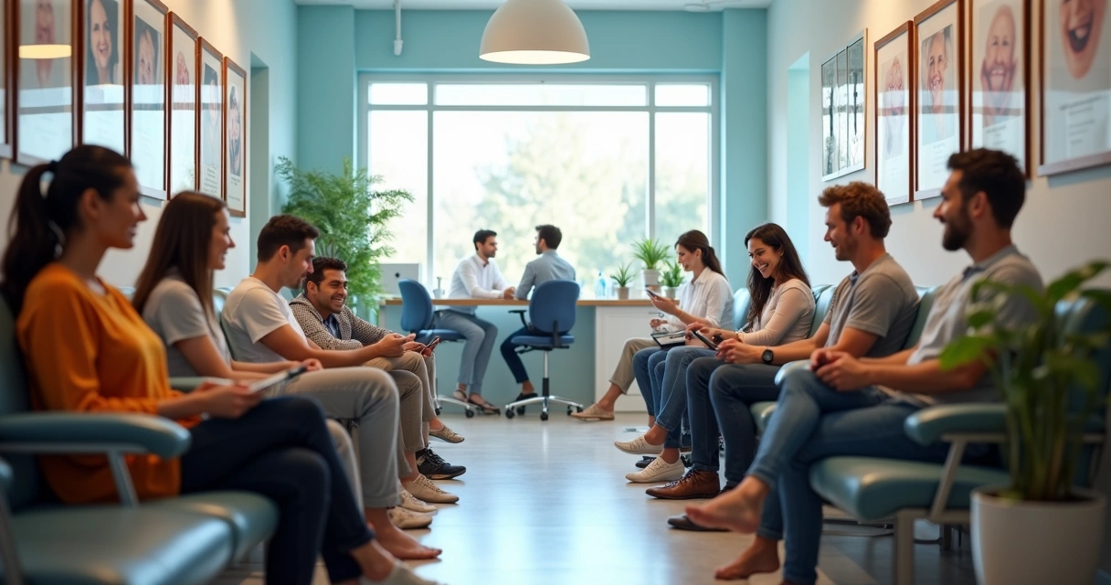 Recepção de clínica odontológica com pacientes aguardando na sala de espera 