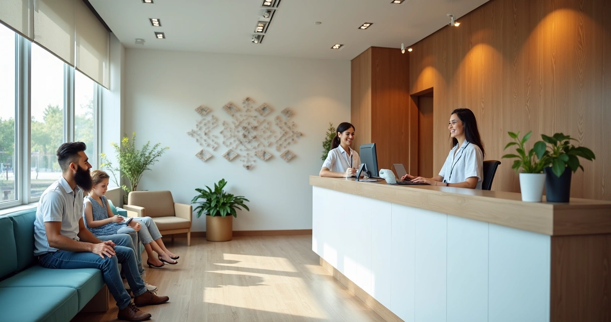 Recepção de clínica odontológica com iluminação acolhedora e equipe sorrindo 