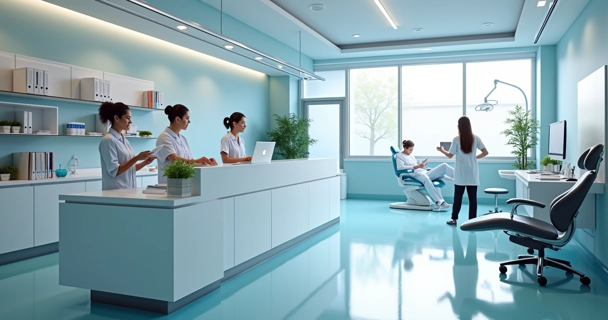 Equipe da clínica odontológica reunida na recepção, com uniforme e ambiente limpo