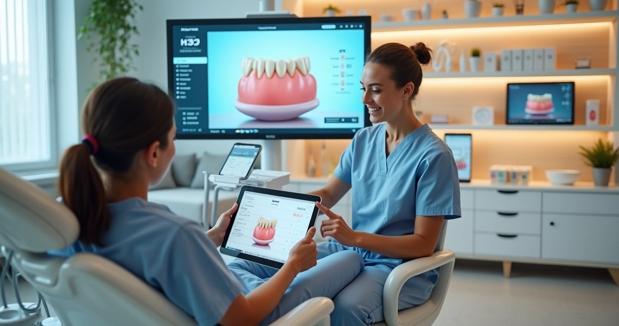 Dentista atendendo paciente em clínica odontológica moderna com tecnologia digital 
