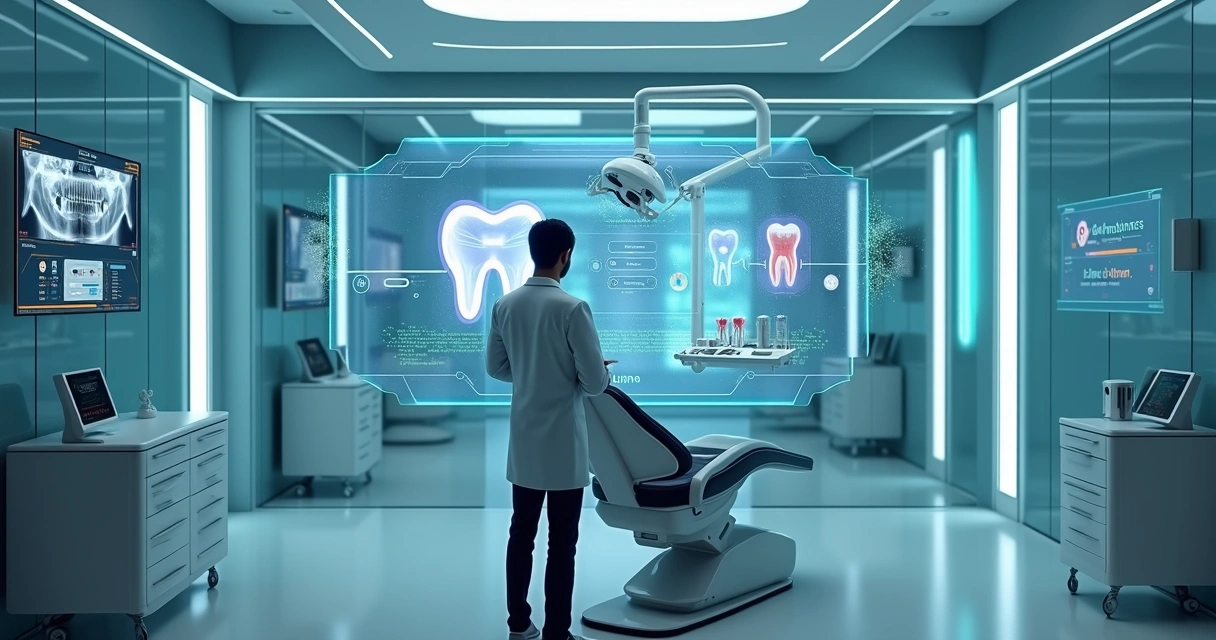 Clínica odontológica futurista com telas de IA auxiliando dentista em 2026 