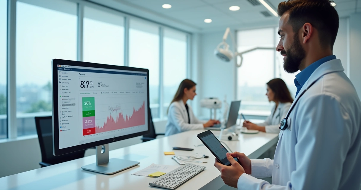 Dentista analisa agenda digital e relatórios financeiros em clínica odontológica moderna 