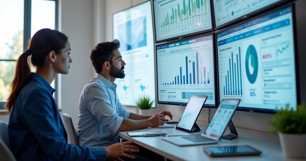 Equipe de marketing digital em clínica odontológica analisando dados de leads qualificados em telas com gráficos e CRM 