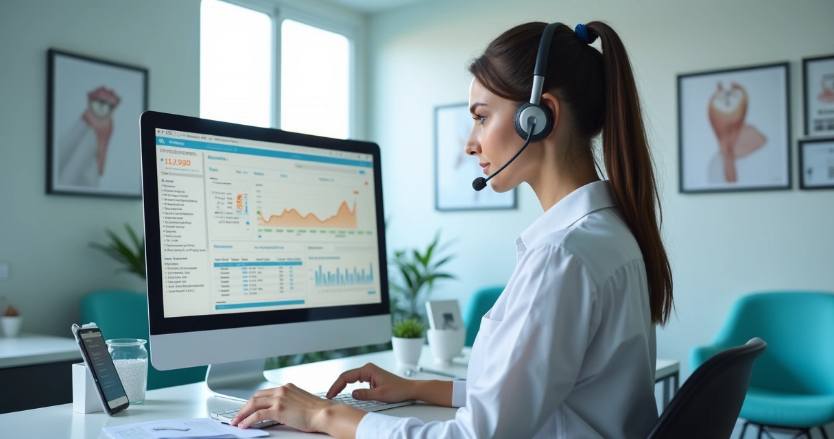 Recepcionista profissional utilizando computador com gráficos e métricas de captação digital exibidos na tela, em clínica odontológica moderna e iluminada 