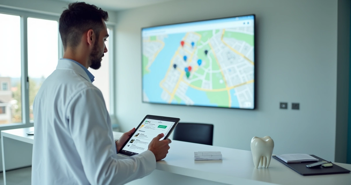 Dentista mostrando no tablet a clínica aparecendo em destaque no Google Maps 