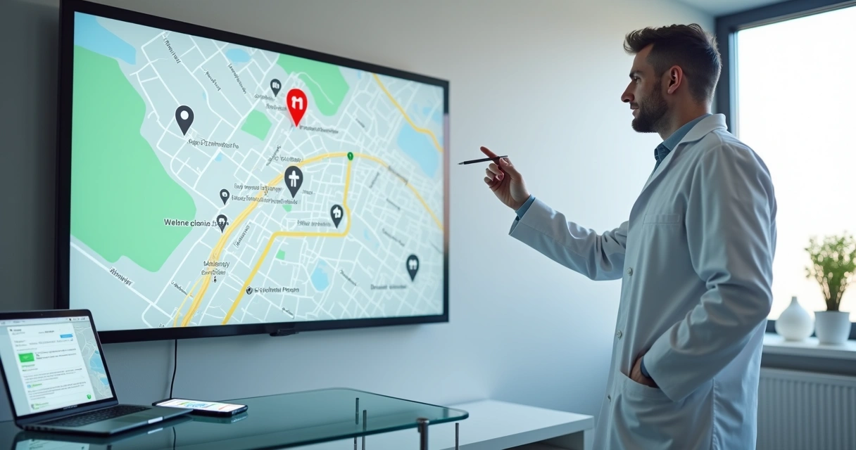 Dentista em consultório apontando localização da clínica no Google Maps em tela grande 