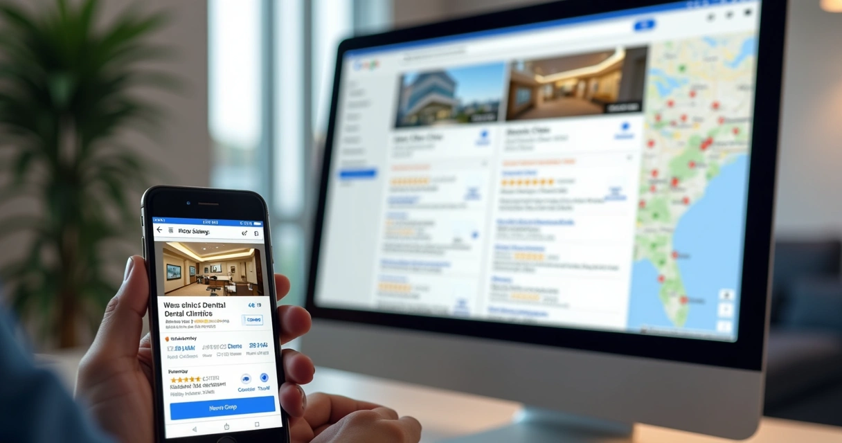 Clínica odontológica em destaque no Google Maps, com avaliações positivas em destaque 