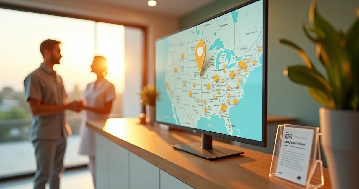 Recepção de clínica odontológica com tela exibindo mapa digital cheio de estrelas de avaliação 