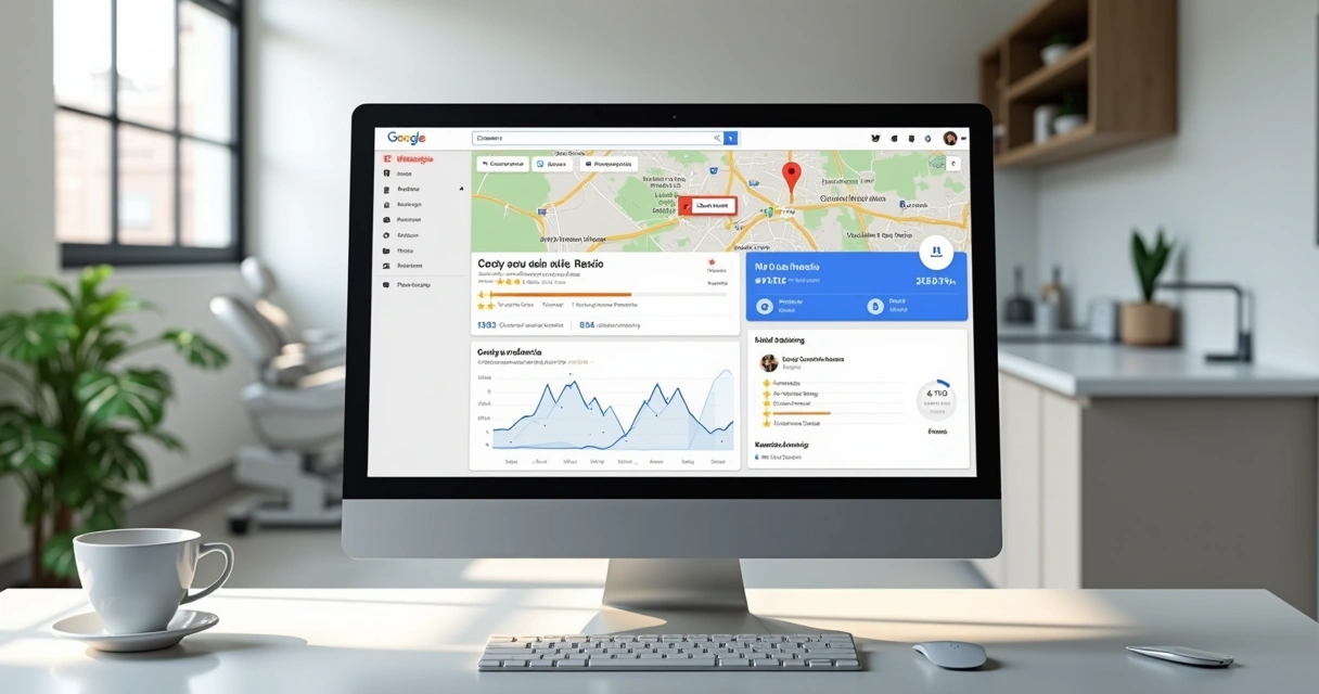 Tela de computador mostrando a otimização do perfil Google Meu Negócio para clínica odontológica com mapas e avaliações online visíveis 
