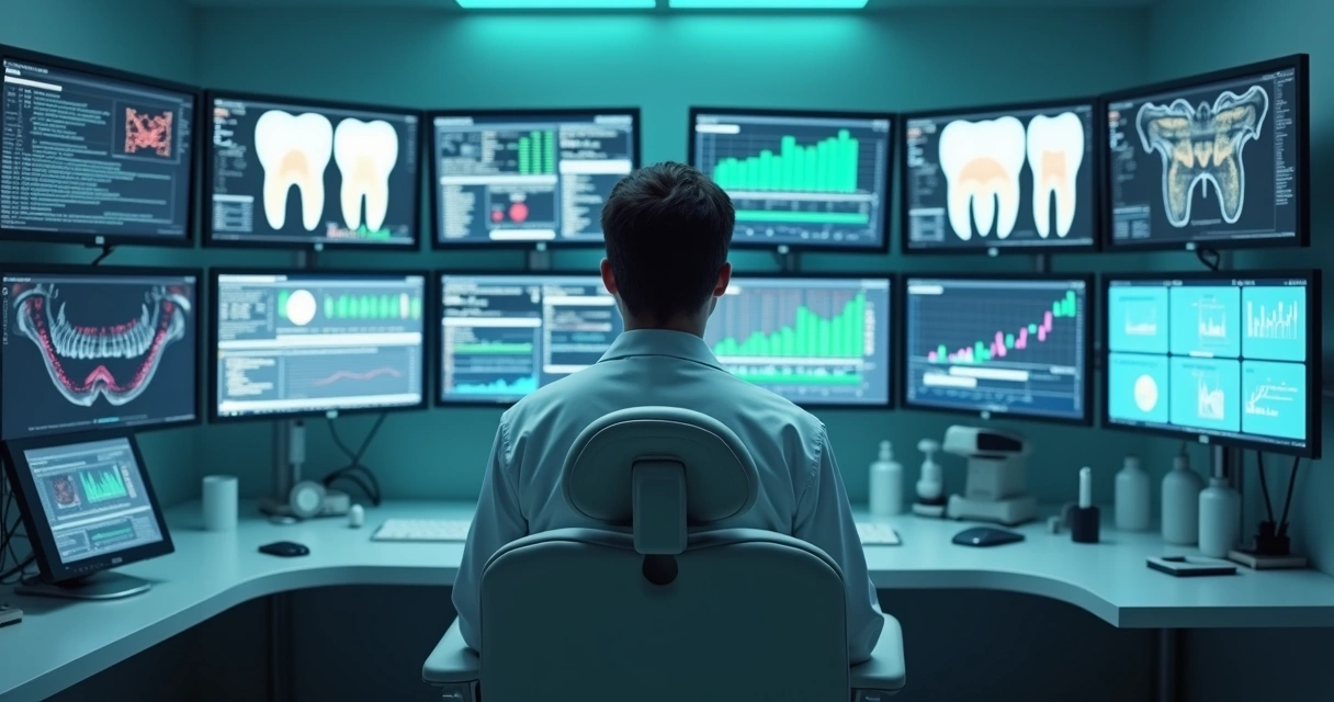 Dentista usando inteligência artificial em clínica odontológica 