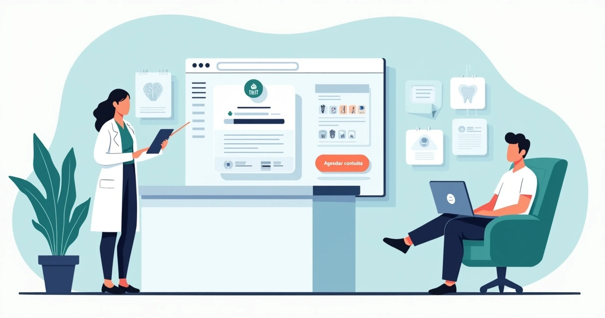 Dentista em consultório moderno acompanhando site da clínica otimizado com IA em grande tela 