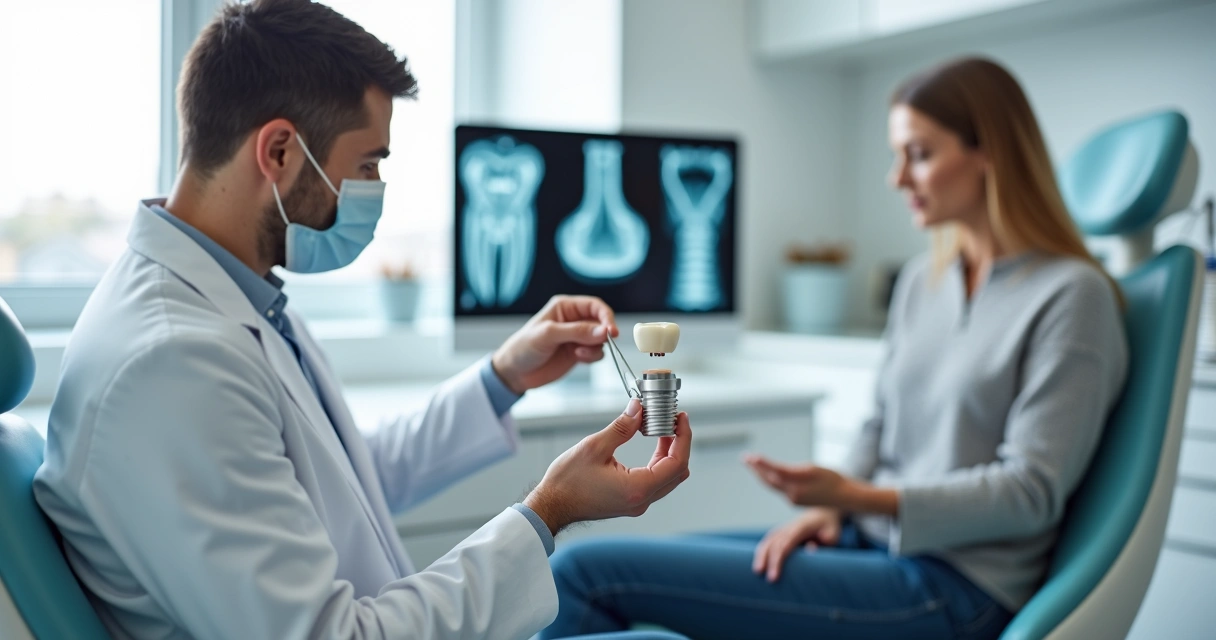 Profissional de odontologia realizando procedimento de implante dentário com instrumentos cirúrgicos especializados em consul