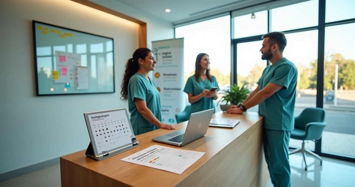 Equipe de clínica odontológica nova preparando ações de divulgação em espaço de recepção moderno 