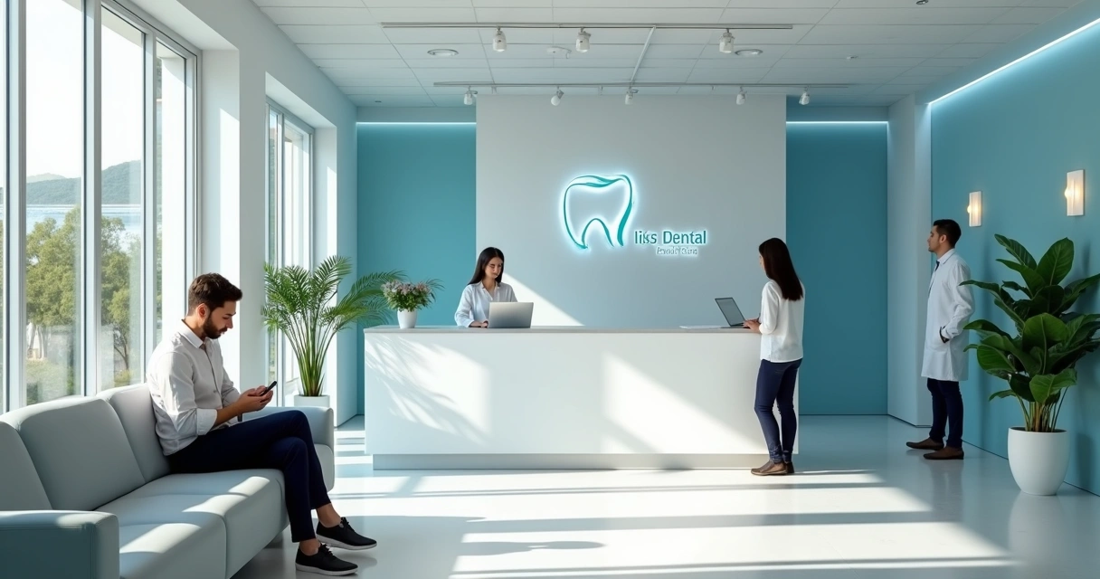 Recepção de clínica odontológica moderna com paciente usando celular 