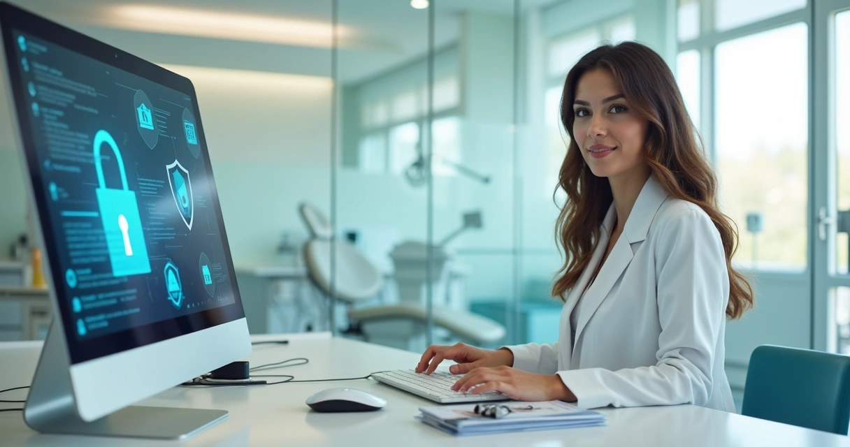 Recepcionista de clínica odontológica protegendo dados de pacientes no computador 