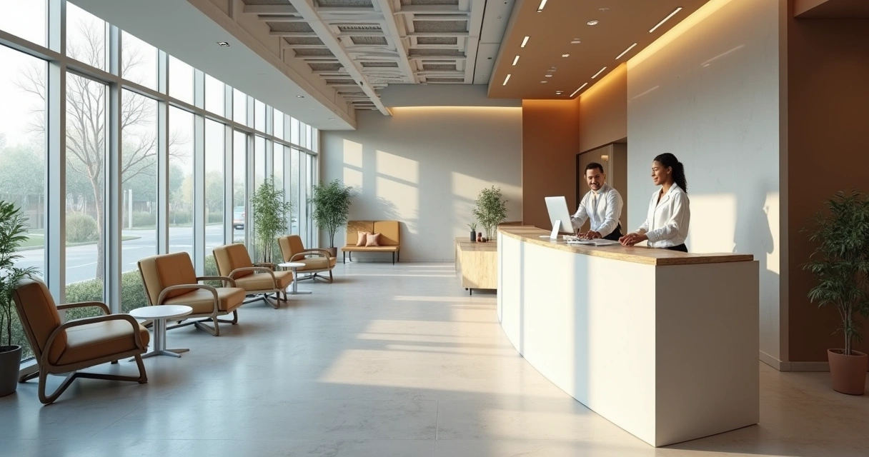 Recepção moderna de clínica odontológica, foto interna detalhada 