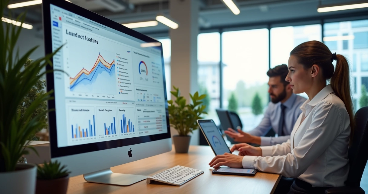 Computador com tela mostrando campanha de anúncios para clínica odontológica com gráficos de crescente e equipe em sala moderna de marketing 