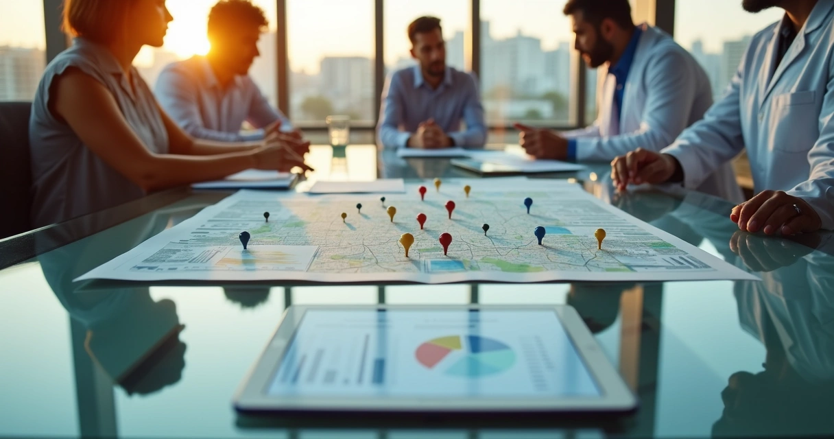 Sala de reunião em clínica odontológica moderna com mapas e gráficos de crescimento em destaque 