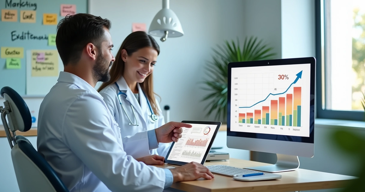 Equipe de clínica odontológica analisando gráficos de crescimento no computador 