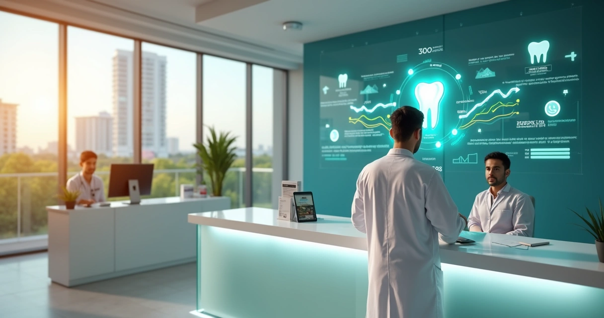 Dentista em clínica moderna analisando painel digital de marketing odontológico 