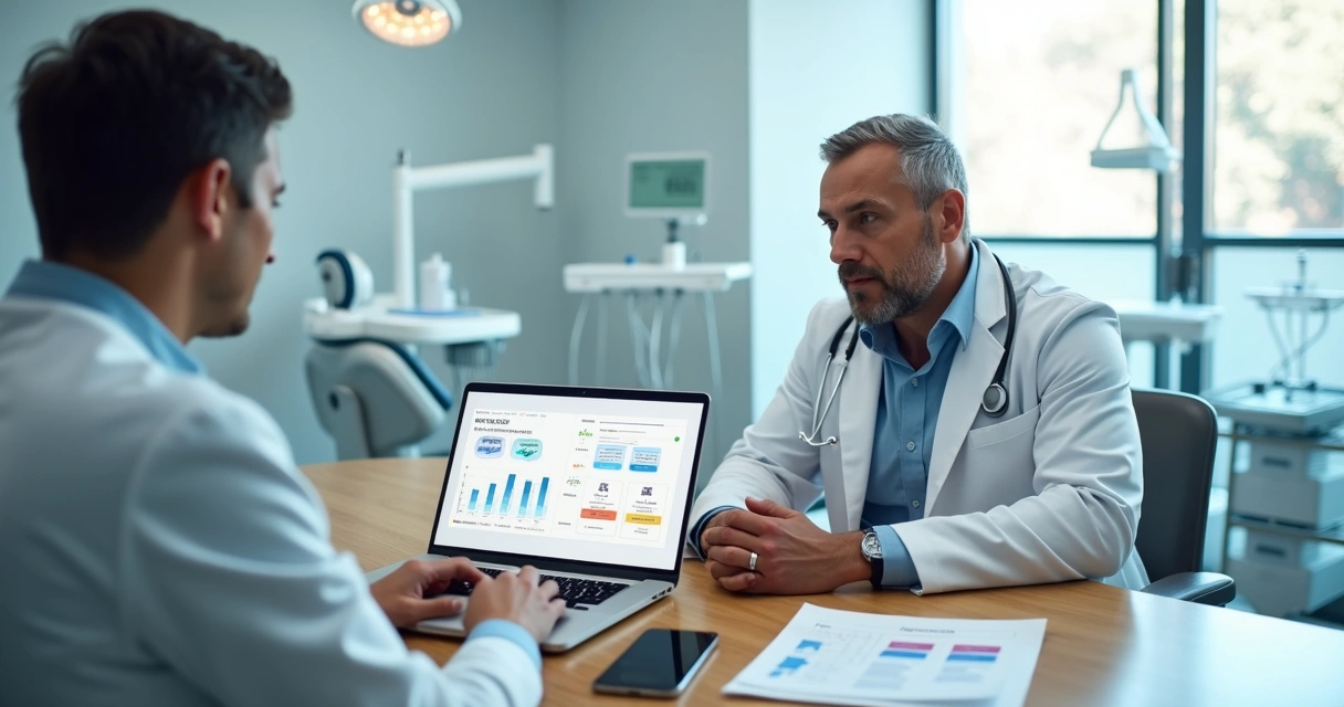 Dentista e consultor de marketing analisando geração de leads em computador em clínica odontológica 