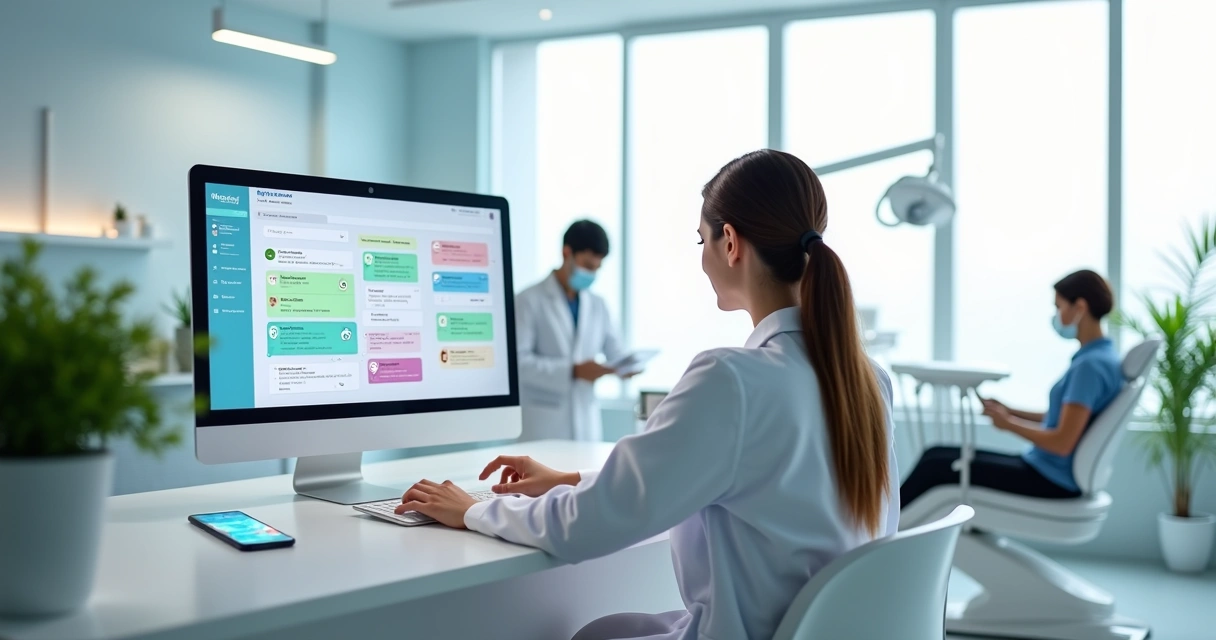 Dentista usando computador em clínica com tela exibindo mensagens automáticas para pacientes 